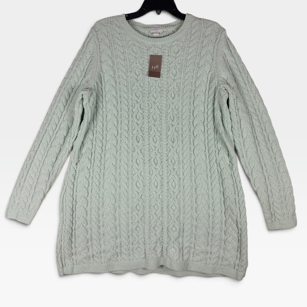 J. Jill Cable Knit Tunic Sweater Womens L White Jade Chenille Long Sleeve NWT